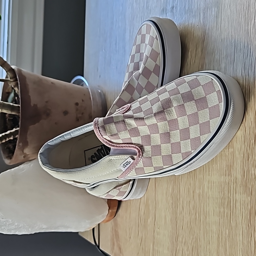 Vans Pink and Cream Checkered Slip-On Sneakers
